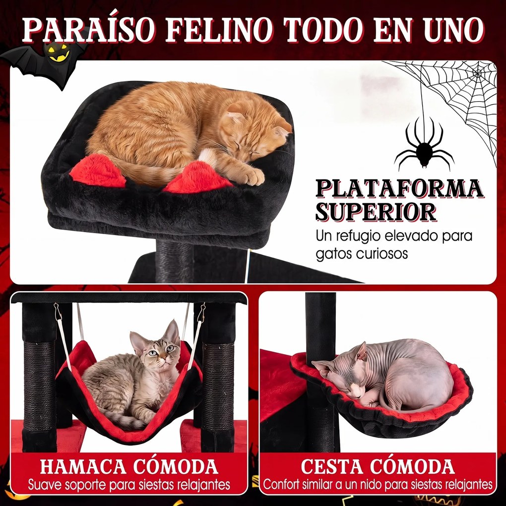 Árvore Rascadora Gótica para Gatos, 73 x 50 x 178 cm, 6 Postes de Sisal, Vermelho+Preto