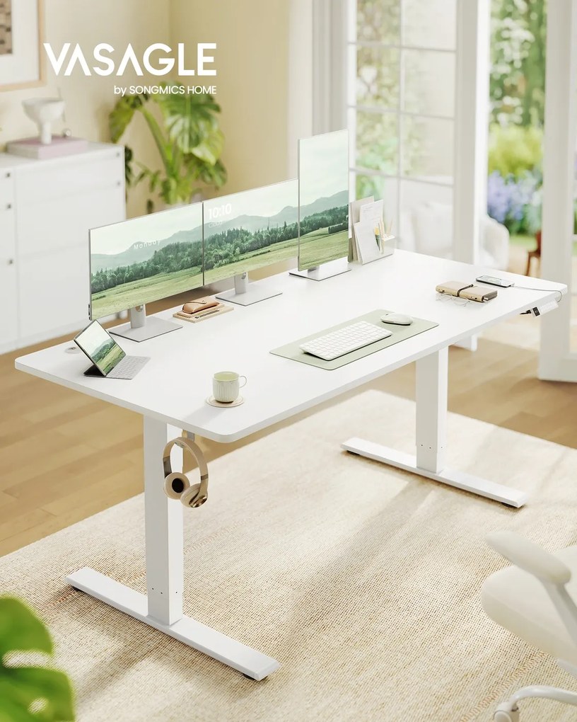 Secretária elétrica com altura ajustável 160 x 80 x (72-120) cm, porta USB e função de memória Branco mate