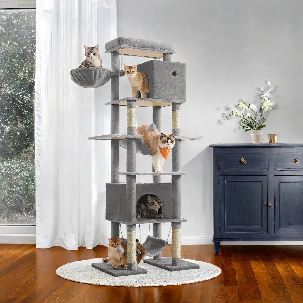 Arranhador para gatos grande 78 x 48 x 201 cm, com plataforma cinzento claro