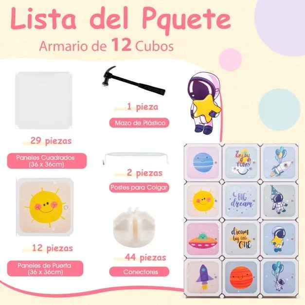 Guarda roupa Infantil de 12 Cubos para Bebéscom 2 secções para pendurar 107 x 36 x 142 cm Branco