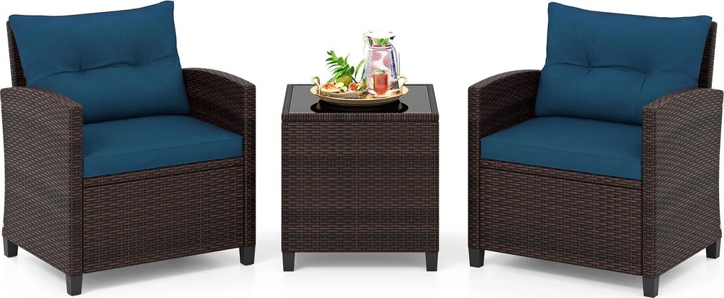 Conjunto de 2 Cadeiras de Exterior e Mesa Auxiliar, 67 x 64 x 77 cm, Ratan PE Entrançado à Mão, Castanho e Azul
