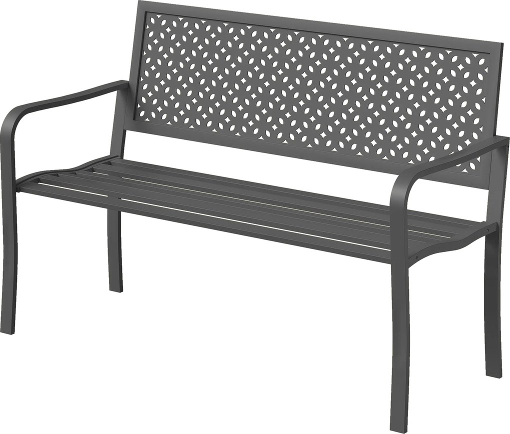 Banco de jardim em metal 127 x 61 x 85 cm, para duas pessoas, com encosto geométrico resistente à ferrugem e braços, cinzento