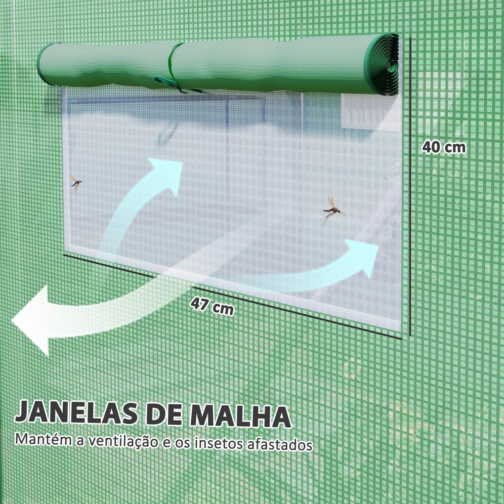 Estufa tipo Túnel 397x300x200 cm Estufa de Exterior com 4 Janelas de Malha Cobertura de PE Anti UV e 3 Portas Enroláveis Verde