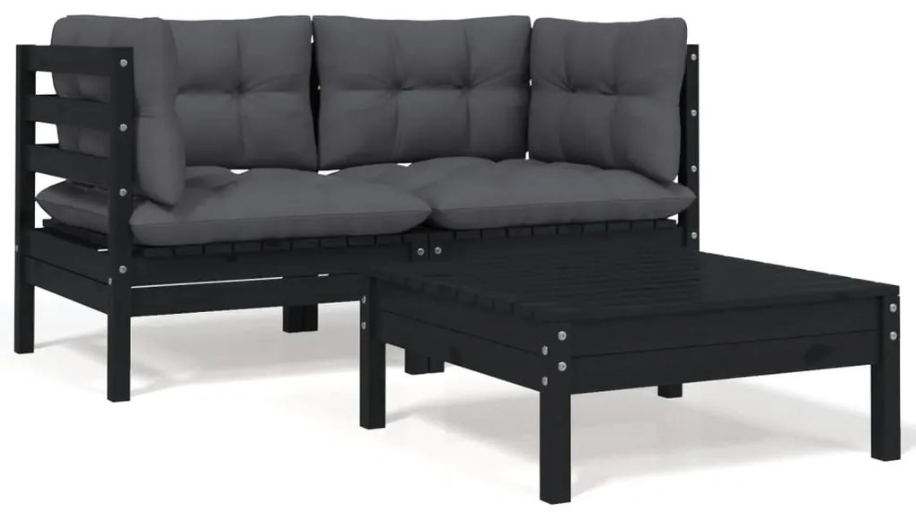 3 pcs conjunto lounge jardim c/ almofadões pinho maciço preto