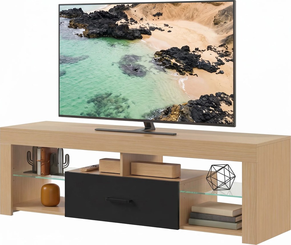 Móvel de TV 140 x 40 x 45 cm, móvel para televisor de 65 polegadas com prateleiras de vidro ajustáveis, gaveta e compartimentos abertos, cor carvalho