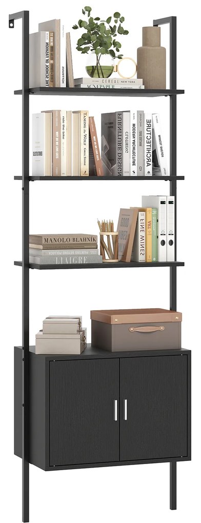 Estante de escada de 5 níveis com armário de vime e estrutura de metal - Natural