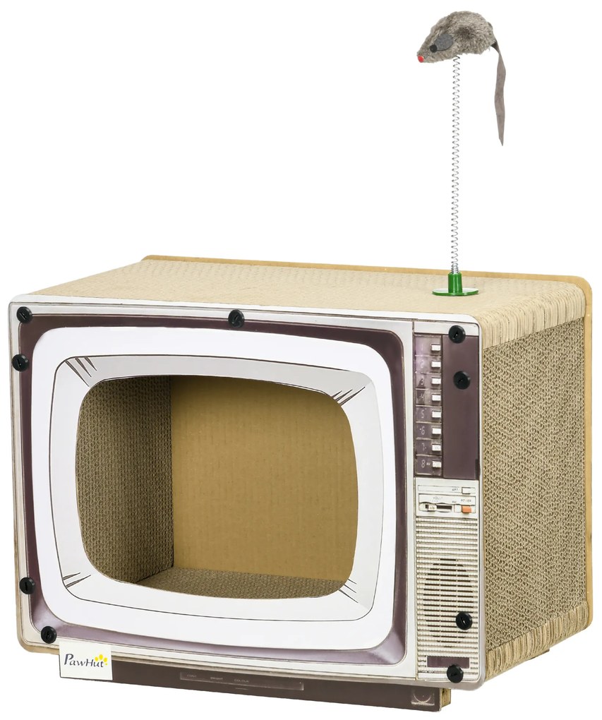 PawHut Arranhador de Cartão para Gatos Casa para Gatos em Forma de Televisor com Rato de Brinquedo 43x23x32,5 cm Areia
