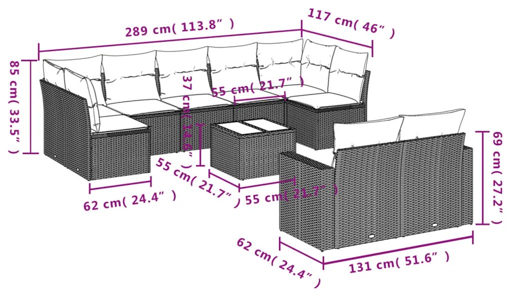 10 pcs conjunto de sofás p/ jardim com almofadões vime PE bege