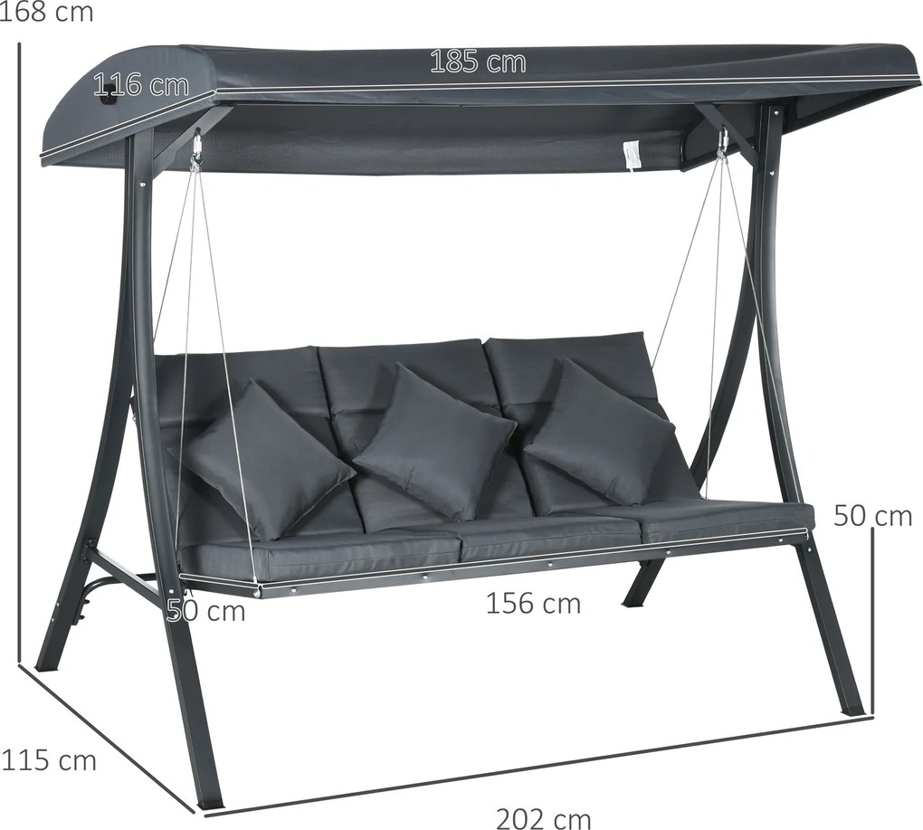 Baloiço de Jardim Exterior de 3 Lugares com Toldo Ajustável e Estrutura de Aço 202x115x168 cm Cinzento Escuro