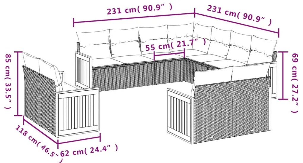 11 pcs conjunto sofás de jardim c/ almofadões vime PE preto