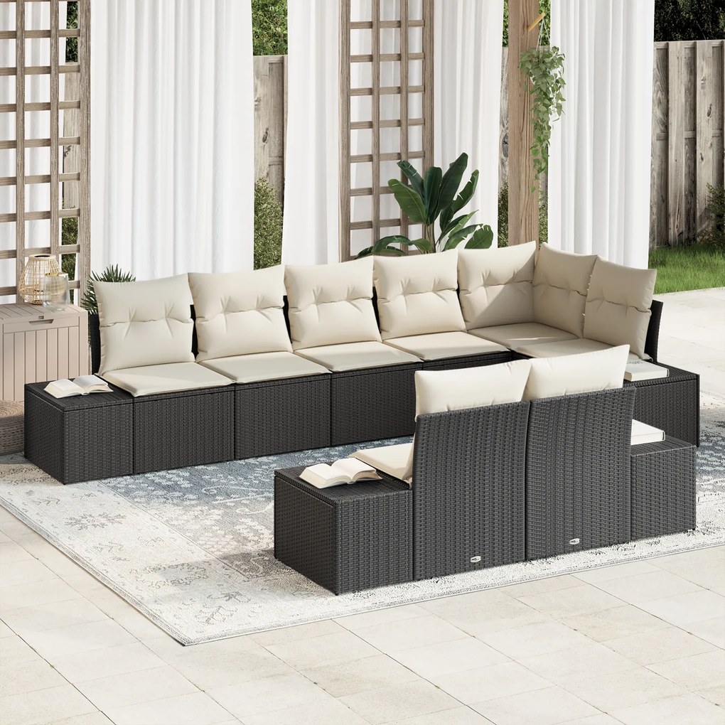Conjunto de Sofá de Jardim de 8 Peças com Almofadas Pretas de Rattan P