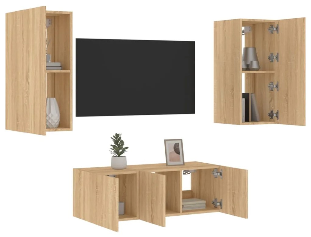 vidaXL 4pcs móveis parede p/ TV c/ LEDs deriv. madeira carvalho sonoma