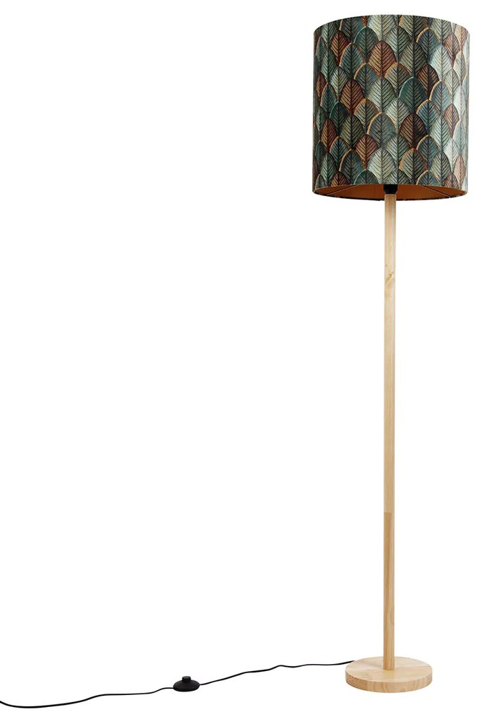 Vloerlamp hout met velours lampenkap blad dessin met gouden binnenkant - Mels Clássico / Antigo,Rústico