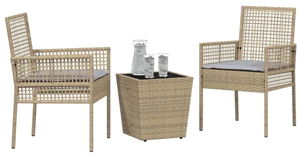 Conjunto de Bistro Jardim 3 Peças com Almofadas Bege em Polyrattan