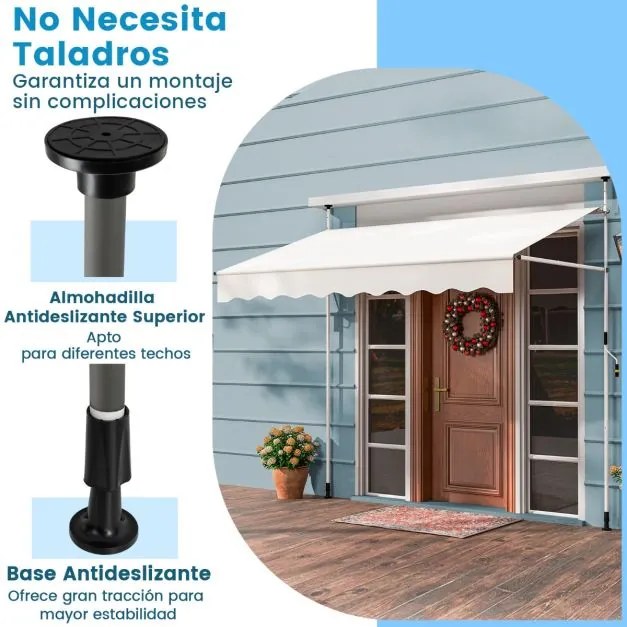 Toldo retrátil manual 2,5 m x 3 m Toldo exterior com altura ajustável Manivela e sem perfuração para janela Porta Terraço Branco