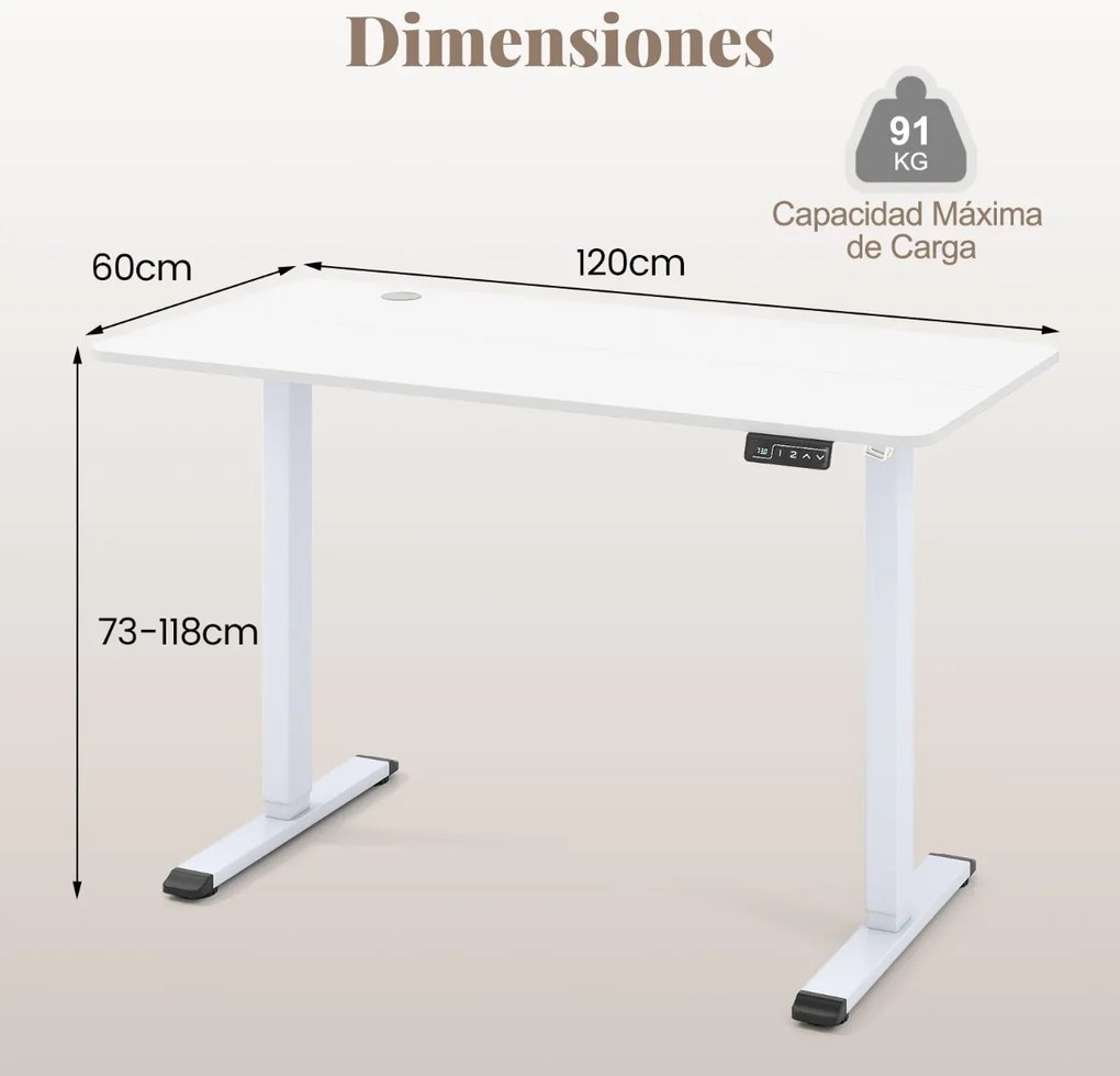 Secretária elétrica ajustável em altura 120 x 60 x 73-118 cm para trabalhar em pé e sentado com gancho para auscultadores Memória de alturas Branco