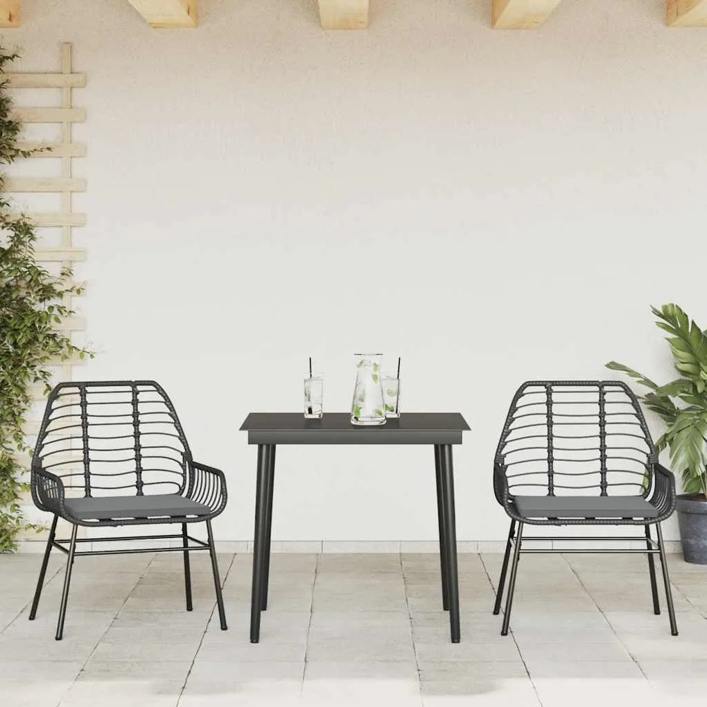 3 pcs conjunto jantar jardim almofadões vime PE vidro preto