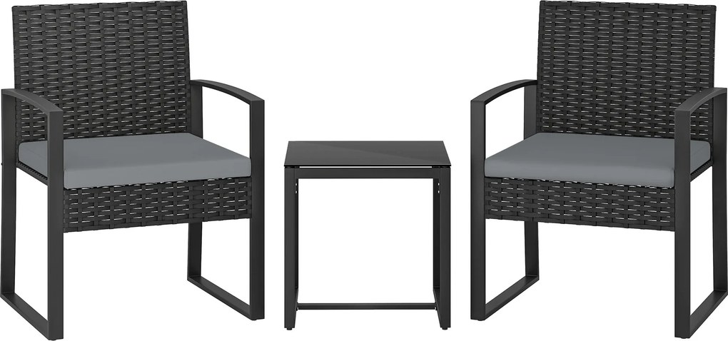 Conjunto de Móveis de Jardim de 3 Peças em Vime PE com Cadeiras Mesa de Vidro Temperado e Almofadas Cinza Claro