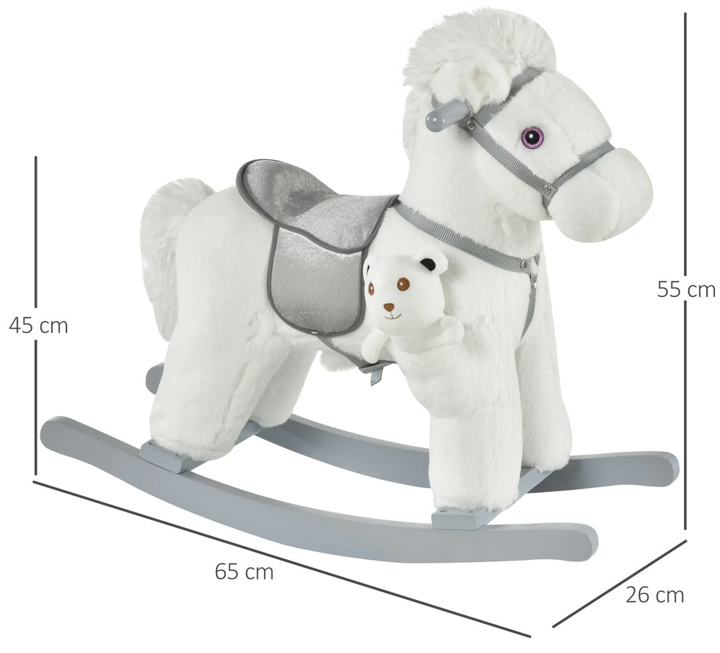 Cavalo Baloiço para Crianças de 18-36 Meses Cavalo de Balançar com Ursinho de Pelúcia Sons de Relinchos e Galopes base de Madeira 65x26x55cm Branco