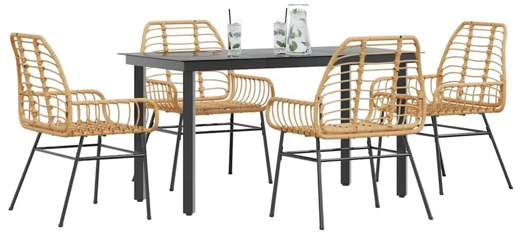 Conjunto jantar jardim 5 peças vidro vime PE castanho