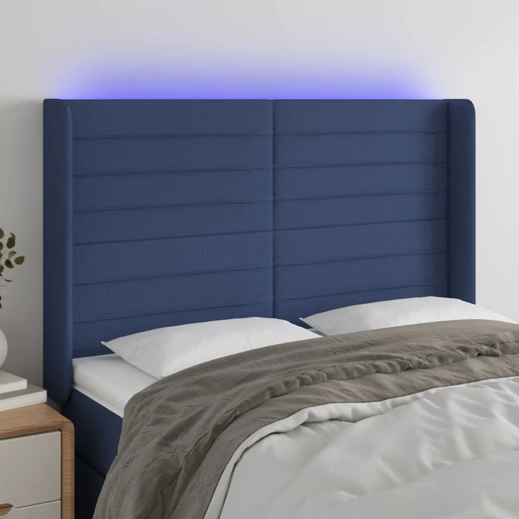 3124192 vidaXL Cabeceira de cama c/ luzes LED tecido 147x16x118/128 cm azul