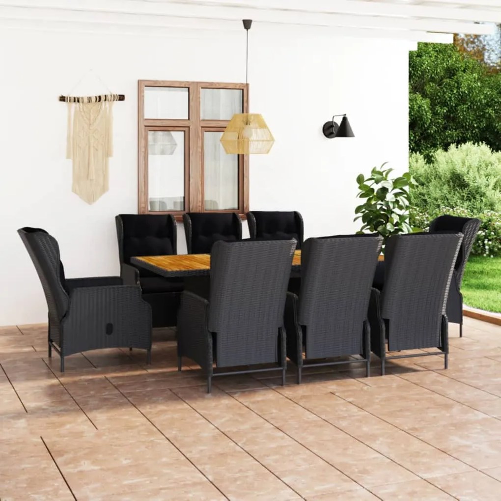 vidaXL 9 pcs conj. jantar exterior c/ almofadões vime PE cinza-escuro