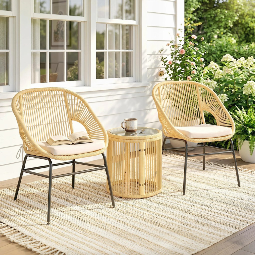 Conjunto de jardim, 3 peças: 2 poltronas confortáveis e mesa em vidro temperado, com almofadas com capas removíveis em bege