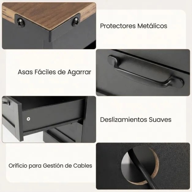 Mesa de cabeceira, mesa apoio 60 x 35,5 x 62 cm rústica com estação de carregamento com prateleira aberta e 2 gavetas para quarto e sala Preto
