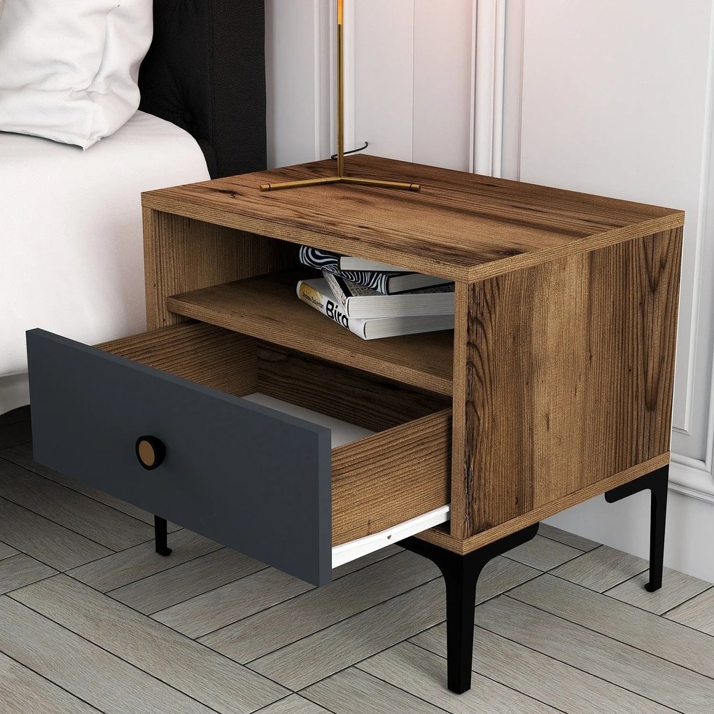 Mesa de Cabeceira Lizbon500 – Nogueira e Antracite – 56x50,8x40 cm