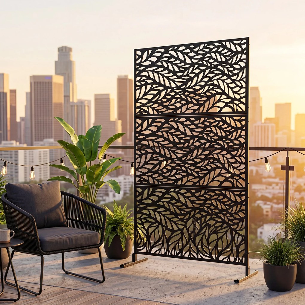 Biombo de Privacidade com Motivo de Folhas, 123 x 45 x 198,5 cm, Estrutura em Metal Galvanizado, Preto