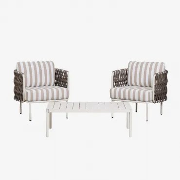 Conjunto De Jardim Com 2 Poltronas Em Corda Trançada Tevary E Mesa De Centro Em Alumínio Boleni Tecido Castanho Moka - Branco Gardenia - Sklum