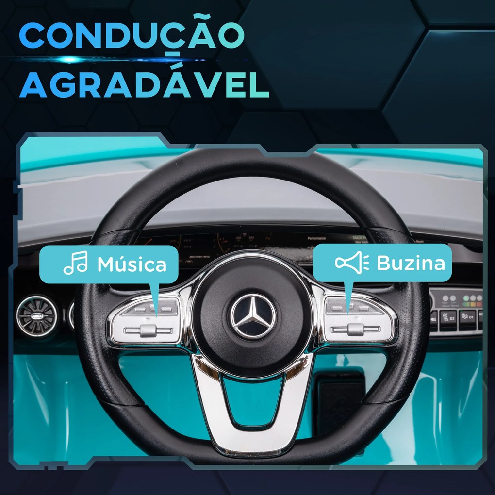Carro Elétrico para Crianças Carro Mercedes AMG CLA 45 com Bateria 12V Faróis LED Buzina e Música 110x61x45 cm Azul Turquesa