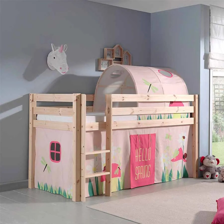 Conjunto Cama alta de Criança PINO 90 x 200 cm + estrado + escada + cortina + túnel Princesa Natural