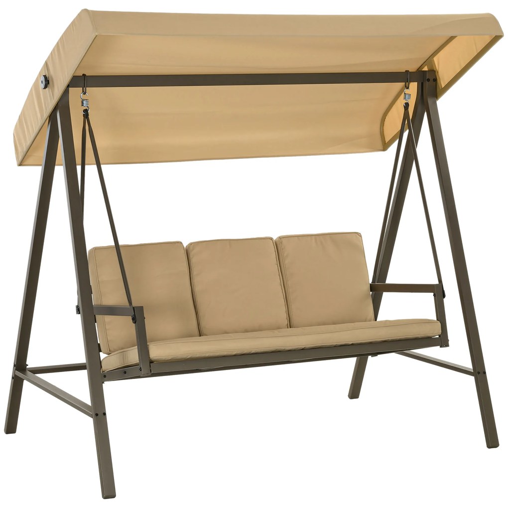 Outsunny Baloiço de Jardim de 3 Lugares com Toldo Ajustável Almofadas Removíveis e Estrutura de Aço 200x125x175 cm Bege