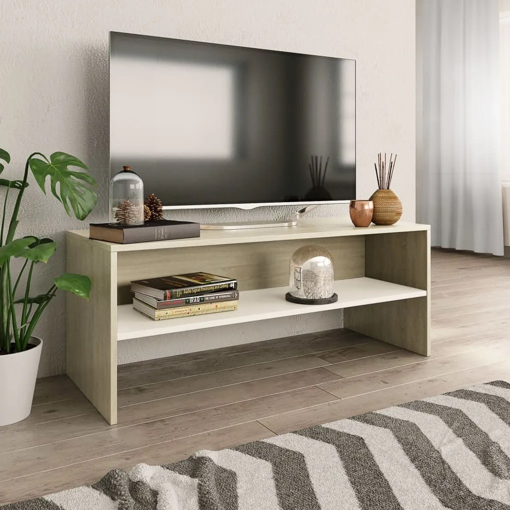 Móvel de TV 100x40x40 cm contraplacado branco e carvalho sonoma