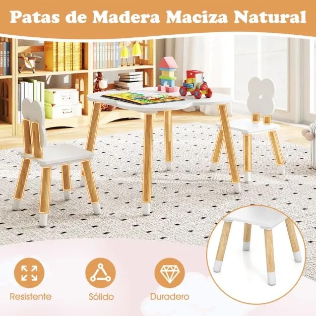 Conjunto de Mesa Flor com Jogo e Atividades em Madeira e 2 Cadeiras Infantis em Pinho Maciço para Crianças com mais de 3 anos Branco e Natural
