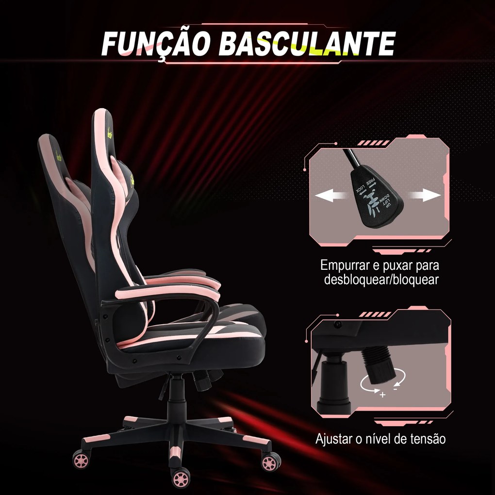 Cadeira Gaming com Altura Regulável Basculante Apoio de Cabeça e Almofada Lombar 61x70x121-129 cm Rosa e Preto