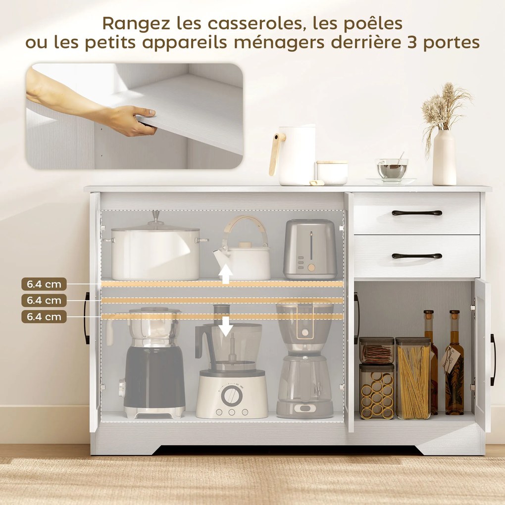 Aparador, móvel de arrumação com 3 portas 120 x 38 x 79 cm, 2 gavetas e prateleira ajustável, branco
