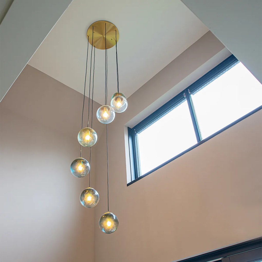 Candeeiro de suspensão Art Deco em latão com vidro azul 7 luzes - Pallon