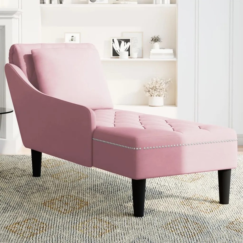 Chaise lounge c/ almofada/apoio de braços direito veludo rosa