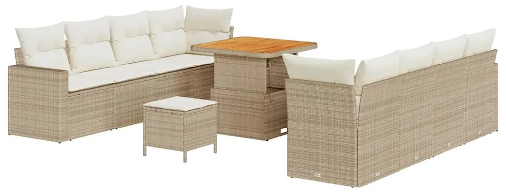 Conjunto de Sofás de Jardim de 11 Peças com Almofadas Bege Rattan Poli