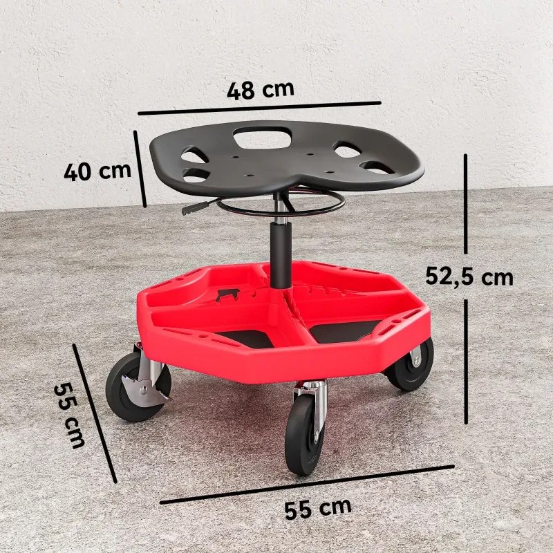 Banco de Oficina Móvel com Bandeja Magnética Altura Ajustável de 52–59,5 cm Carga 135 kg Banco para Mecânico com Rodas para Garagem Reparação de Autom