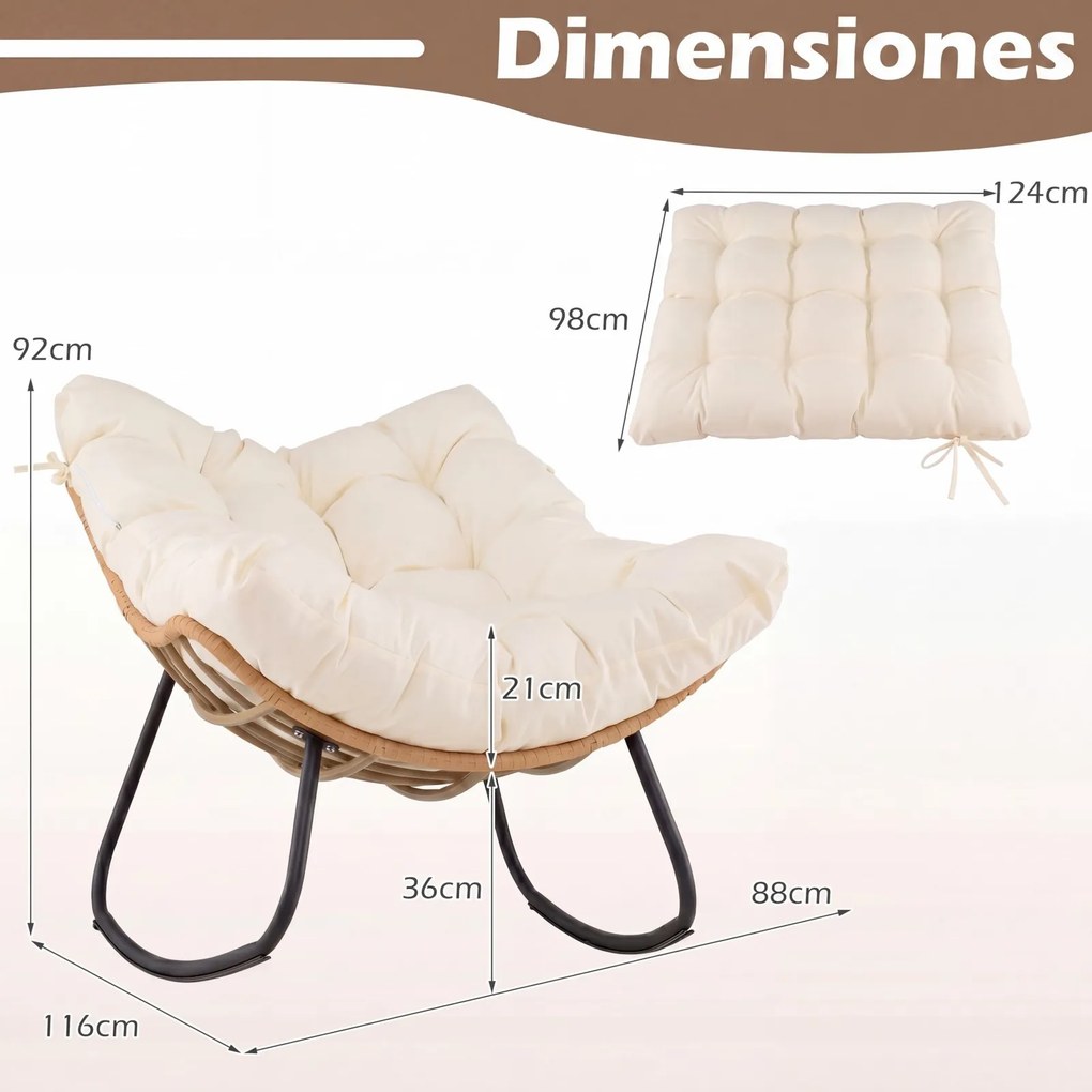 Cadeira de baloiço em forma de ovo para exterior, em rattan PE com almofada removível, estrutura metálica, oscilação de 25°, travões anti-capotamento,