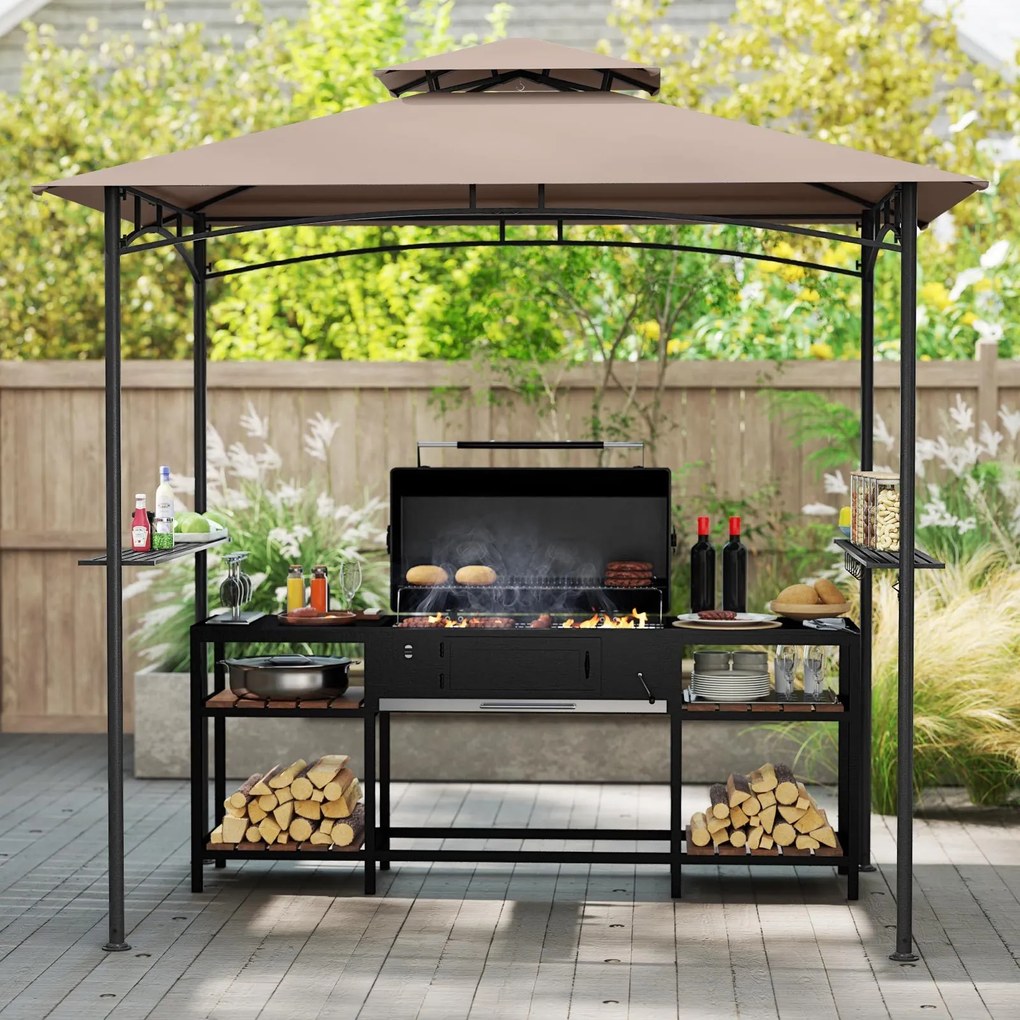 Tenda para churrasco 242 x 150 cm (GRELHADOR NÂO INCLUIDO) com teto duplo, 2 prateleiras, 6 ganchos e Estrutura metálica castanha