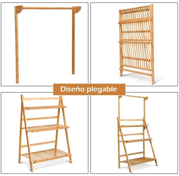 Estante decorativa dobrável para plantas e flores para interior, exterior, relvado, jardim, varanda, 70 x 40 x 120-144 cm bambu