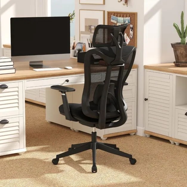 Cadeira de escritório em malha com encosto ajustável em 3 níveis, almofada lombar e apoio para a cabeça, braços, 70 x 68 x 116-124 cm, preta