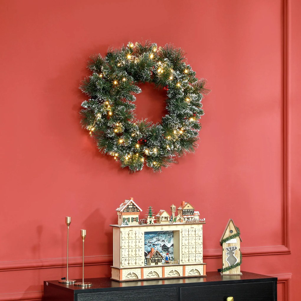 Grinalda de Natal para Porta, 60 x 60 x 10 cm, Luzes LED com Temporizador, Verde