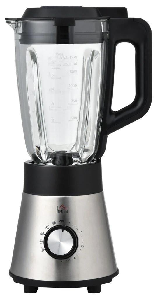 Liquidificadora de 1000W Jarro de Cristal de 1,5L com 4 Programas 5 Velocidades Ajustáveis Lâmina de 6 Folhas Aço Inoxidável e Garrafa Portátil 22,4x19x43cm Preto
