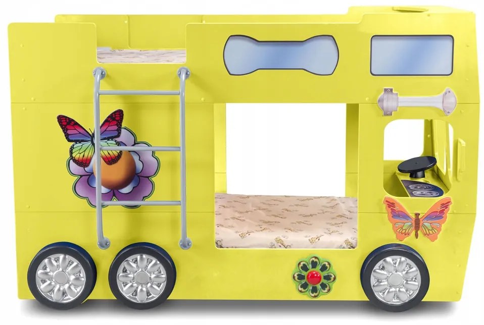 Cama para criança Beliche Autocarro 207 x 116 x 150 cm com Luzes LED 2 colchões e estrados incluídos, capacidade de 100 kg Amarelo