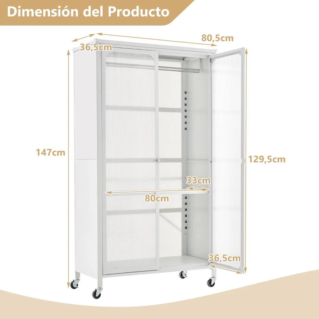 Armário guarda roupa de metal com haste suspensa e prateleira ajustável organizador de roupas para quarto 80,5 x 36,5 x 147 cm branco